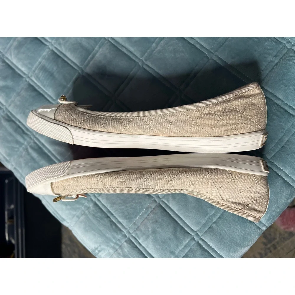 Tory Burch Quinn Quilted Canvas Ballet Flats Cream Beige Logo Toe Bow Shoes